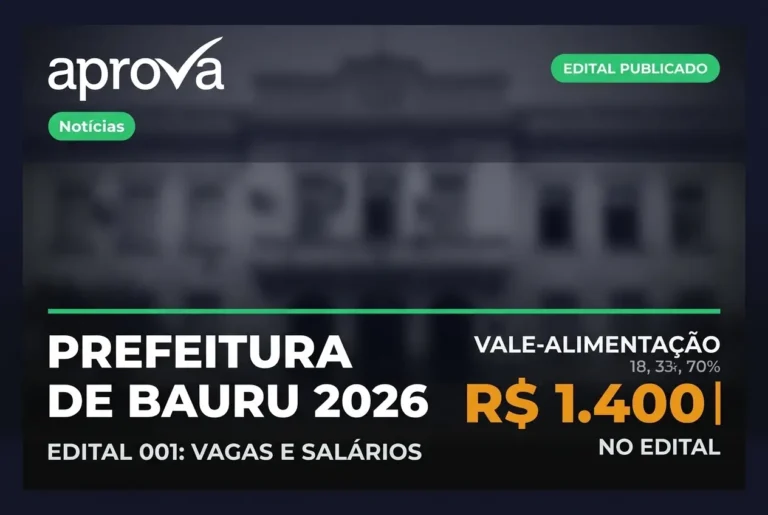 Concurso Prefeitura de Bauru 2026: salários de até R$ 7 mil e vale-alimentação turbinado